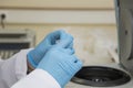 Two hands with blue nitril gloves holding a plastic eppendorf tube above a centrifuge. Royalty Free Stock Photo