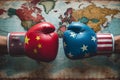 Two hands in boxing gloves with the flag of China and the USA Royalty Free Stock Photo