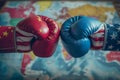 Two hands in boxing gloves with the flag of China and the USA Royalty Free Stock Photo