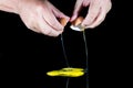Two hands break egg on black background Royalty Free Stock Photo