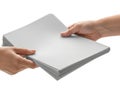 Two hands carefully holding a stack of blank paper sheets Royalty Free Stock Photo
