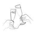 Two Hands cheering with glasses of champagne Continuous line drawing vector illustration. Celebration design Royalty Free Stock Photo