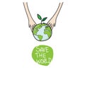 Two hands of the children planting green globe and tree Royalty Free Stock Photo