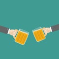 Two hands and clink beer glasses mug with foam cap froth bubble. Flat design