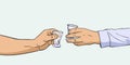 Two hands clinking shot glasses with alcohol vodka drink, Vector