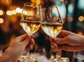 Two hands clinking wine glasses filled with white wine, bokeh lights in the background. Royalty Free Stock Photo