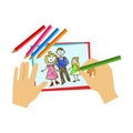 Two Hands Coloring With Pencil A Coloring Book Page, Elementary School Art Class Vector Illustration