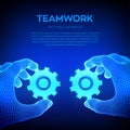 Two hands connect the gears. Symbol of association and connection. Building a business system. Teamwork, cooperation concept.