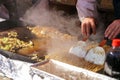 Two hands cooking  Yakisoba & x28;japanese fried noodle& x29; on hot iron plate in Japanese fesival market, Tokyo,Japan Royalty Free Stock Photo