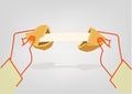 Two hands crack a Fortune Cookie to reveal a message template. Editable Clip Art. Royalty Free Stock Photo