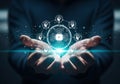 Futuristic hands hold glowing digital brain and network of ideas technology concept Royalty Free Stock Photo