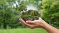 Two hands cradle a small piece of land with miniature trees Royalty Free Stock Photo