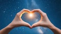 Hands form a heart shape framing a glowing star against a starry night sky, AI Royalty Free Stock Photo