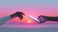 Two hands are depicted at the forefront of a sunset over the ocean Royalty Free Stock Photo