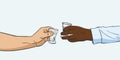 Two hands of different races clinking shot glasses with alcohol vodka drink, Vector illustration