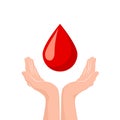 Two hands donate blood. World blood donor day concept. Red drop symbol of volunteer blood donation. Vector illustration Royalty Free Stock Photo