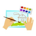 Two Hands Drawing With Paint And Brush, Elementary School Art Class Vector Illustration