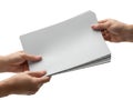Two hands exchanging a stack of paper sheets Royalty Free Stock Photo