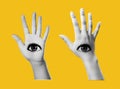 Two hands with an eye on them. Isolated element for collage on purple background. Psychedelic pop art style. Vector