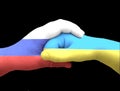 Two hands. Flag of Russia. Flag of Ukraine.