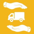 Two hands with flat truck pictogram Royalty Free Stock Photo