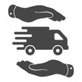 two hands with flat truck pictogram on white background Royalty Free Stock Photo