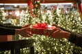 Two hands with a gift on a Christmas background, give gifts Royalty Free Stock Photo