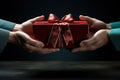 Two hands give two other hands a christmas gift box. Concept merry christmas and happy new year