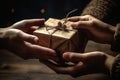 Two hands give two other hands a christmas gift box. Concept merry christmas and happy new year