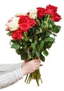 Two hands giving bunch of various roses isolated