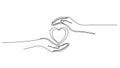 Two hands giving and protecting a heart in continuous line art, symbolizing care and generosity Royalty Free Stock Photo