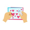 Two Hands Gluing Hearts To Paper Postcard, Elementary School Art Class Vector Illustration