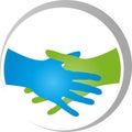 Two hands in green and blue, business and handshake logo Royalty Free Stock Photo