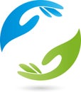 Two hands in green and blue, massage and wellness logo
