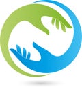 Two hands in green and blue, orthopedic and helper logo