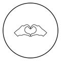 Two hands have shape heart Hands making heart symbol silhouette icon black color illustration in circle round