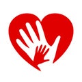 Two hands on heart, charity icon, organization of volunteers, family community
