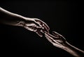 Two hands. Helping hand to a friend. Rescue or helping gesture of hands. Concept of salvation. Hands of two people at Royalty Free Stock Photo