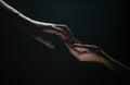 Two hands. Helping hand to a friend. Rescue or helping gesture of hands. Concept of salvation. Hands of two people at Royalty Free Stock Photo