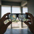 Two hands hold augmented reality glasses displaying a digital architectural model Royalty Free Stock Photo
