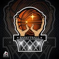 Two hands hold basketball ball above basket. Sport logo