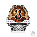 Two hands hold basketball ball with number 3 above basket. Sport logo for any team or competition isolated