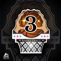 Two hands hold basketball ball with number 3 above basket. Sport logo Royalty Free Stock Photo