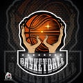 Two hands hold basketball ball. Sport logo Royalty Free Stock Photo