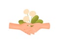 Two hands hold a bouquet of lush inflorescences and leaves. Vector illustration on white background.