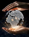 Hands holding a glowing globe with circuit patterns representing the world in a dark setting with light effects Royalty Free Stock Photo
