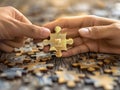Two hands hold gold puzzle pieces over pile of other puzzles Royalty Free Stock Photo