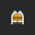 Two hands hold a hamburger logo, burger fastfood restaurant flat emblem