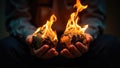 Two hands hold miniature globes engulfed in intense flames, representing Earth. Royalty Free Stock Photo