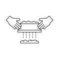 Two hands hold sieve with flour, cereals or powdered sugar. Linear icon of manual sifting, handmade cooking. Black simple